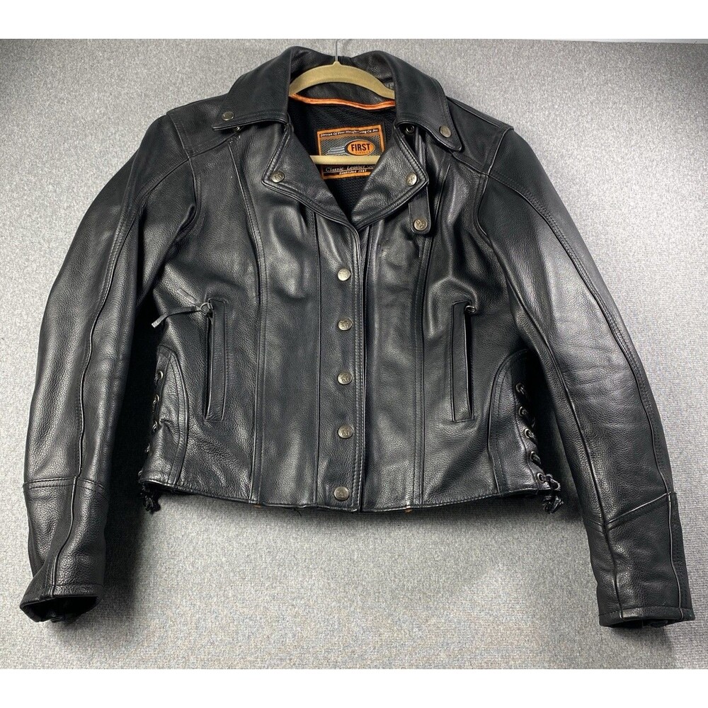 First Classics Gear black leather Biker motorcycle jacket thinsulate liner Sz S